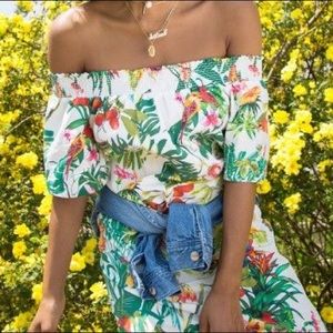J. Crew off the shoulder into the wild print dress